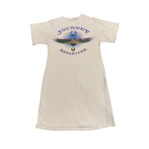 Journey Departure Graphic T Shirt Dress Cream Cotton Side Slit Size S